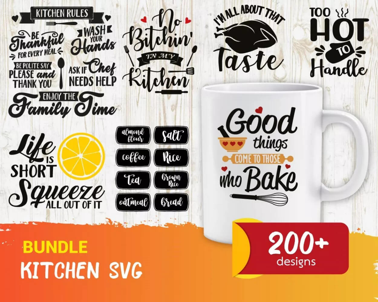 Kitchen SVG Bundle: Funny Quotes, Conversion Charts, SVGs & Utensil Designs