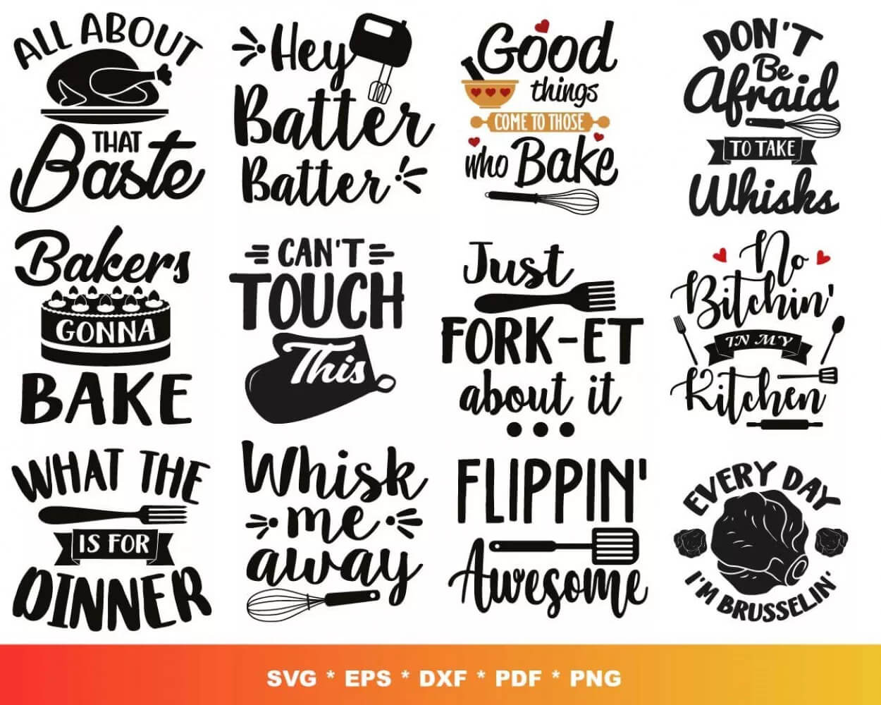 Kitchen SVG Bundle: Funny Quotes, Conversion Charts, SVGs & Utensil Designs