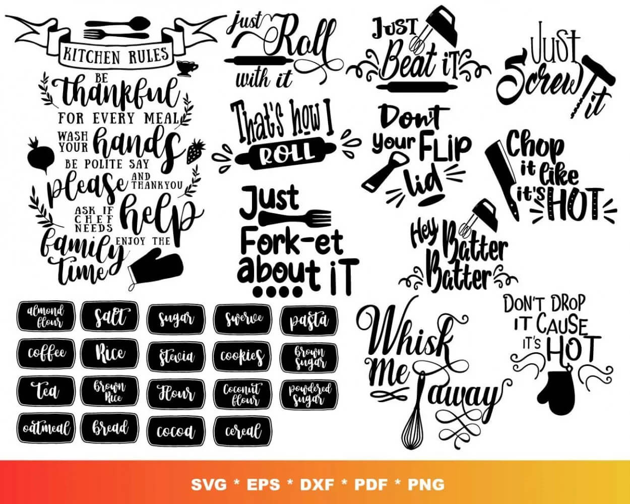 Kitchen SVG Bundle: Funny Quotes, Conversion Charts, SVGs & Utensil Designs