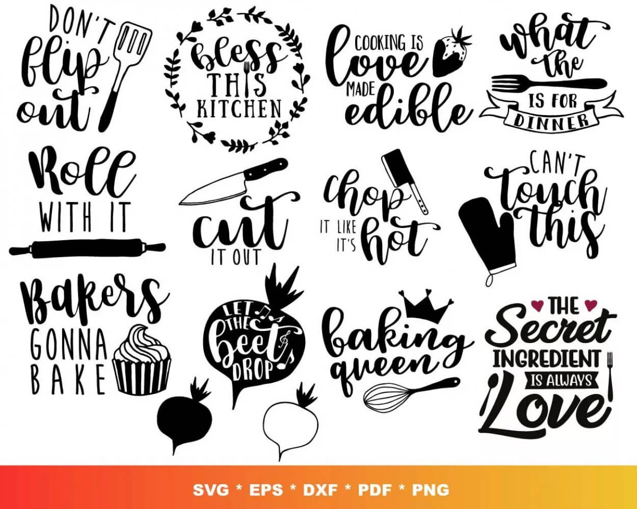 Kitchen SVG Bundle: Funny Quotes, Conversion Charts, SVGs & Utensil Designs