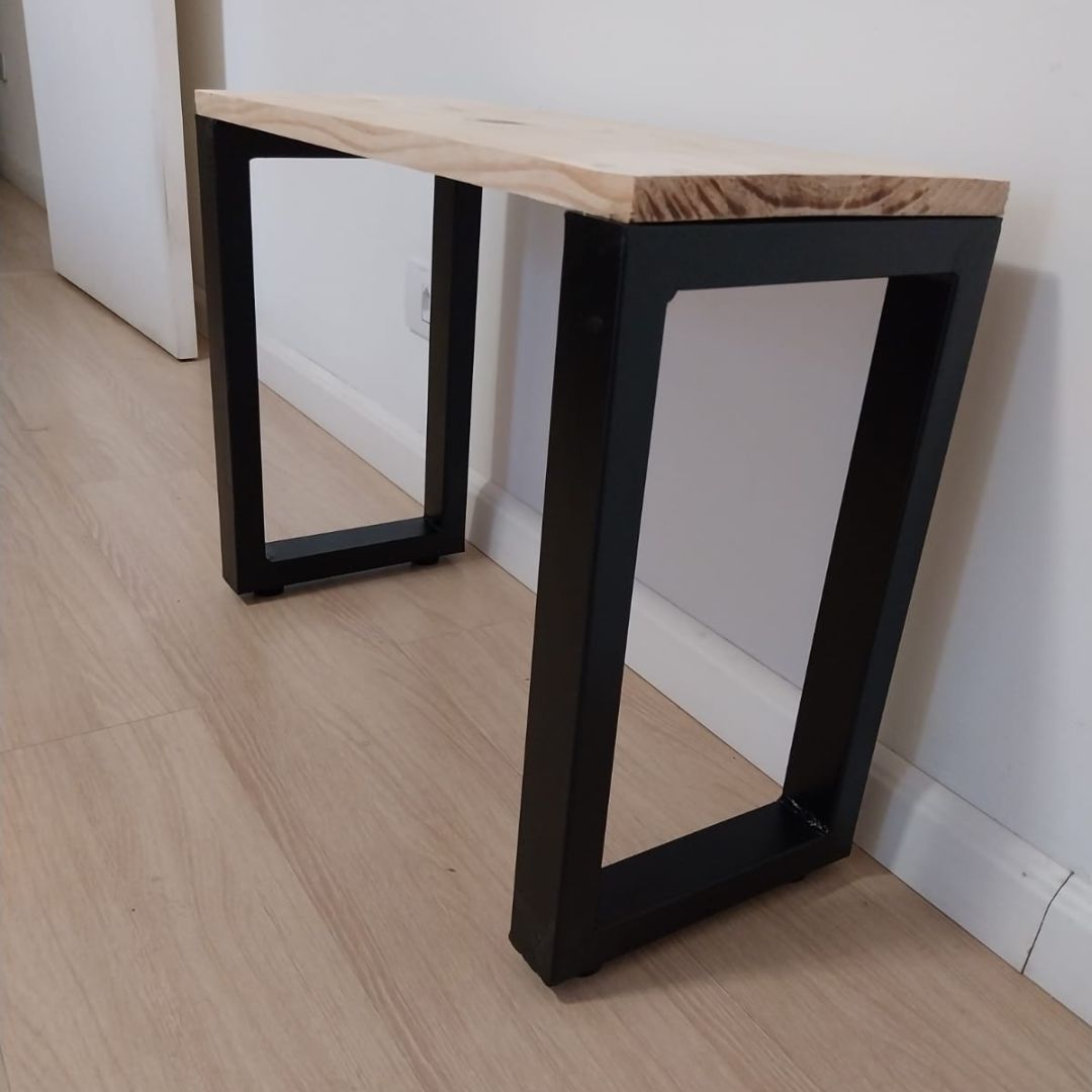 Banco Industrial Rústico Assento Madeira Maciça Pinus E Aço