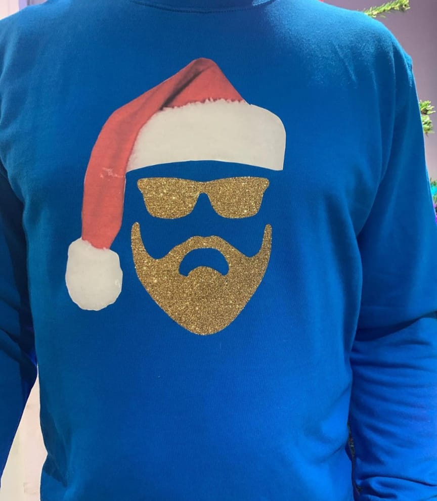 Mens Blue Sweatshirt with Cool Glitter Santa Clause 