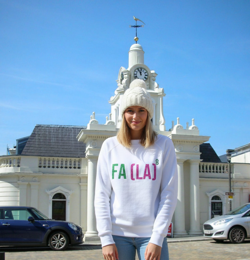 SALE | Green & PINK Sparkly  ‘FA(LA)8’ WHITE Sweatshirt – Limited Offer