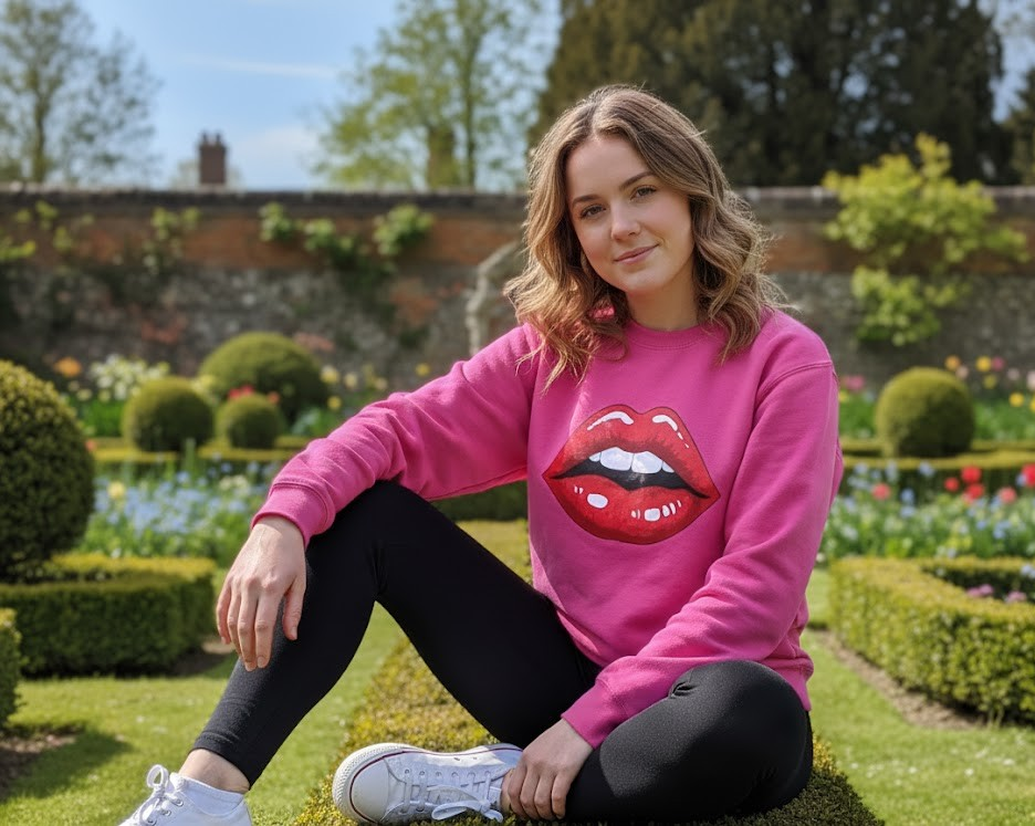 Glossy Lip Print Oversized Crewneck Sweater