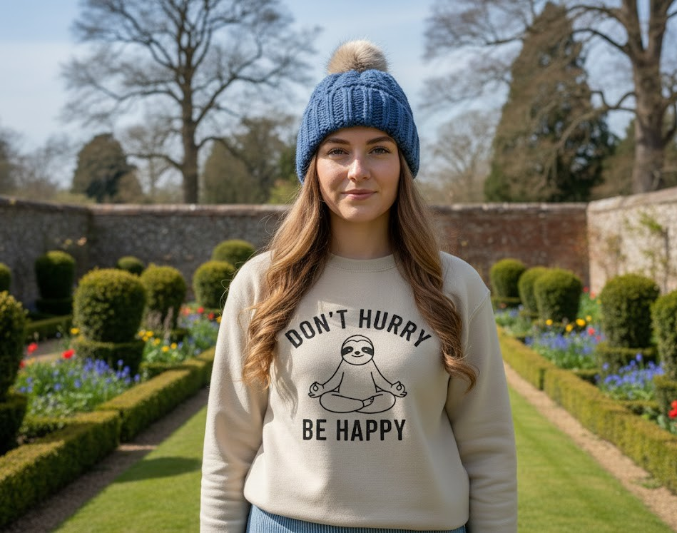 Zen Sloth "Don't Hurry Be Happy" Graphic Sweatshirt