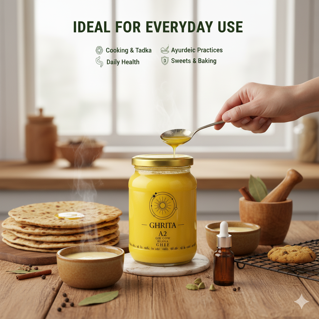 Ghrita A2 Cow Ghee | Pure Desi Bilona Method Organic Gir Cow Ghee | 100% Natural & Fresh | Traditional A2 Desi Cow Ghee | Rich in Omega-3, Vitamins & Healthy Fat