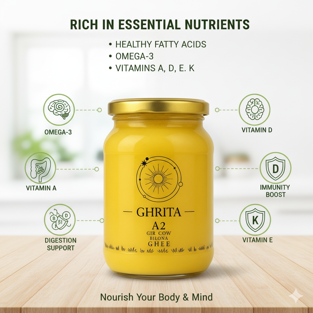 Ghrita A2 Cow Ghee | Pure Desi Bilona Method Organic Gir Cow Ghee | 100% Natural & Fresh | Traditional A2 Desi Cow Ghee | Rich in Omega-3, Vitamins & Healthy Fat