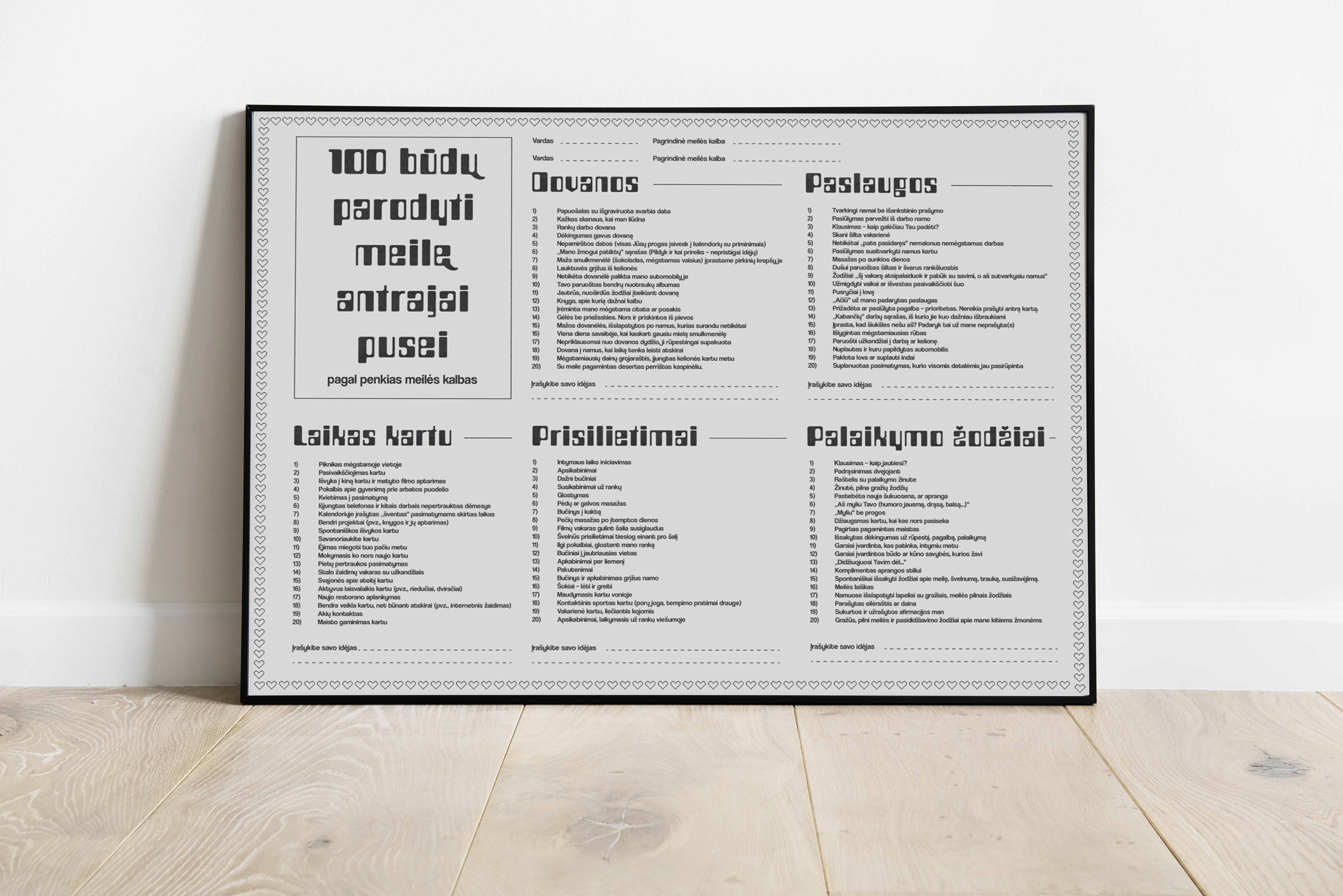 100 IDĖJŲ MEILEI. 5 meilės kalbų testas + Interaktyvus printas
