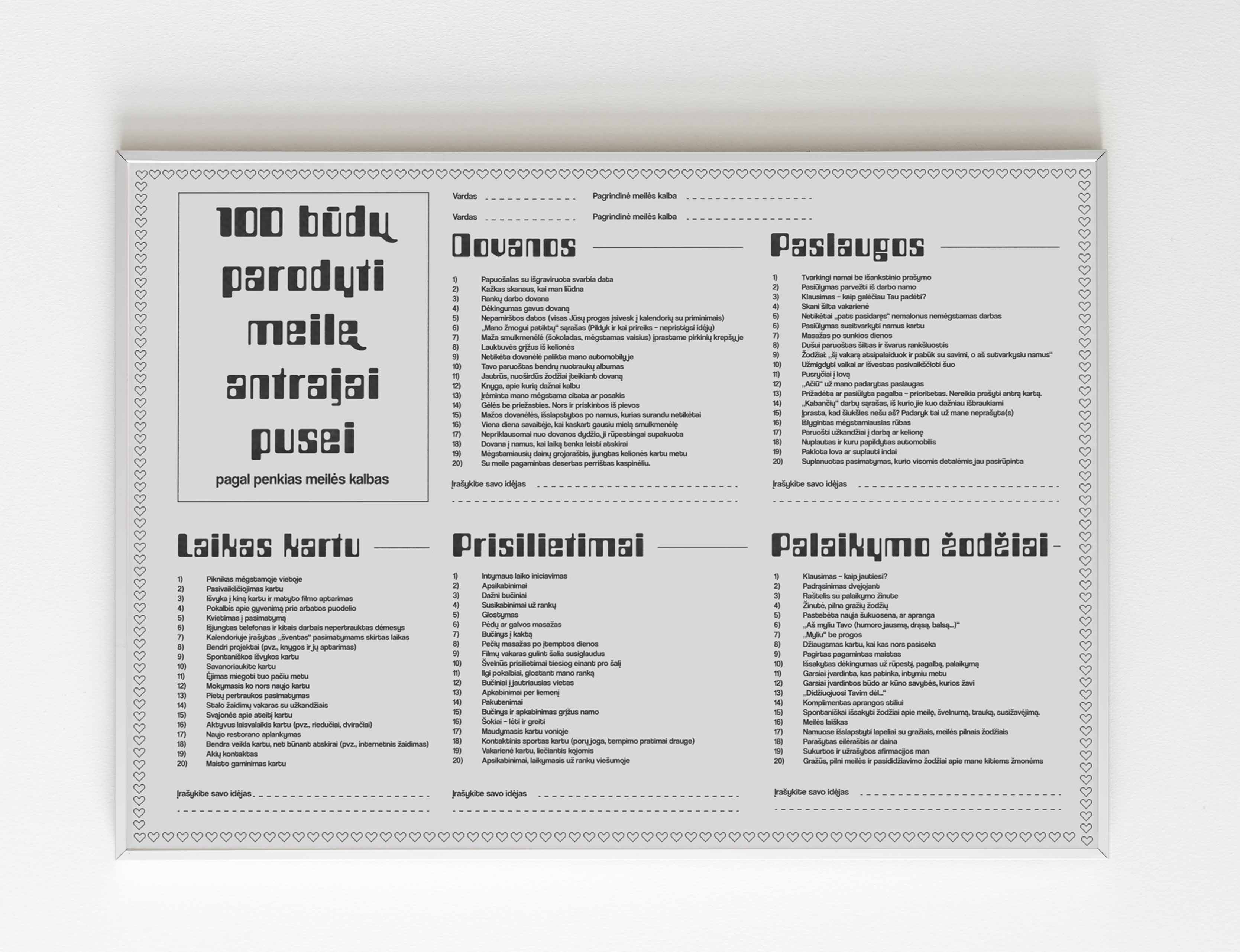 100 IDĖJŲ MEILEI. 5 meilės kalbų testas + Interaktyvus printas