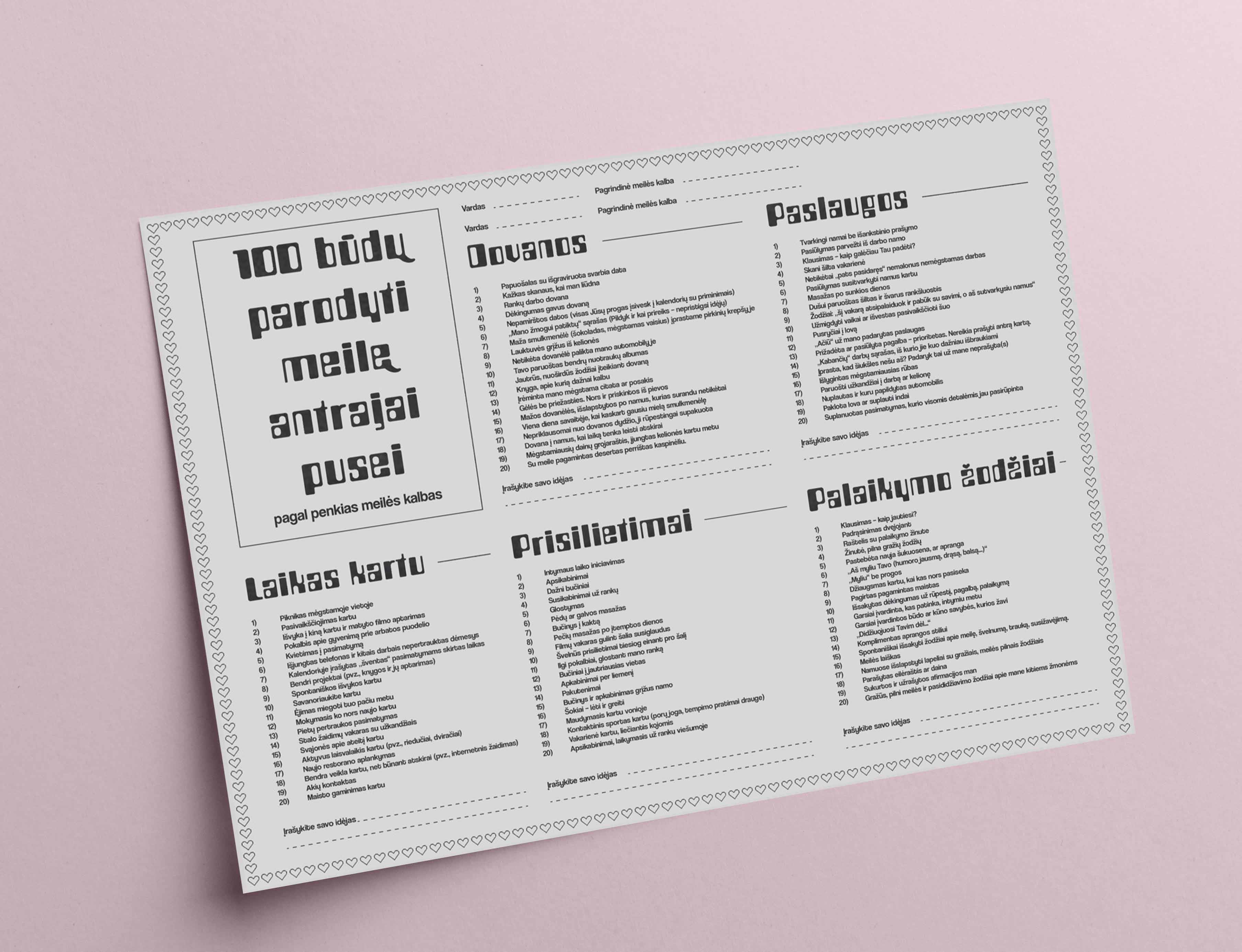 100 IDĖJŲ MEILEI. 5 meilės kalbų testas + Interaktyvus printas