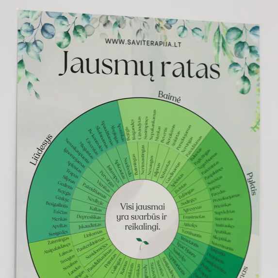 Emocijų ir jausmų ratas. Plakatas jausmams įvardinti