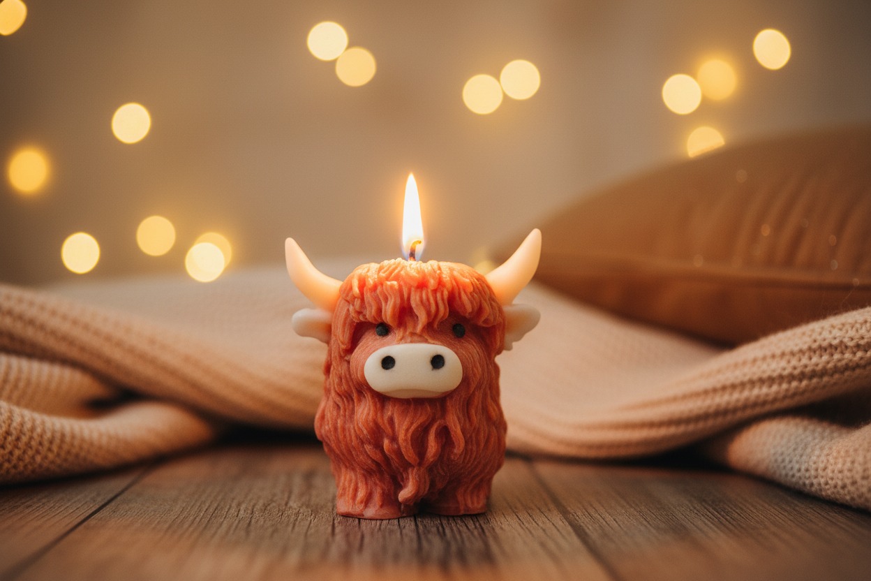 Vela decorativa de Highland Cattle o vaca de las Tierras Altas.