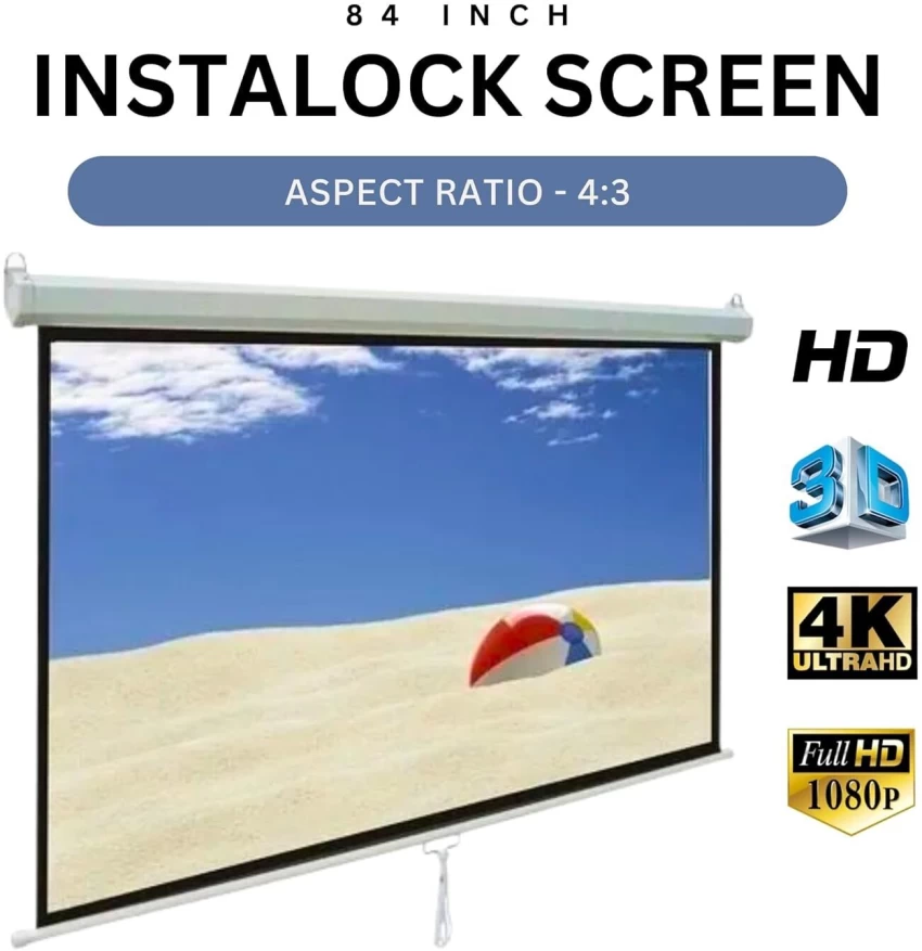 84 Inch 4:3 Aspect Ratio Insta Lock/Auto Lock White Fabric Matte Manual Projection Screen for Classroom, Home Theater or Office (84 Inches, 4:3 Aspect Ratio)