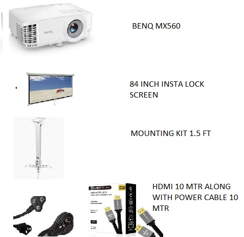 BENQ MX560 WITH 84" INCH INSTA LOCH SCREEN ALONG WITH CEILING MOUNT POWER CABLE AND HDMI CABLE OF 10 MTR EACH