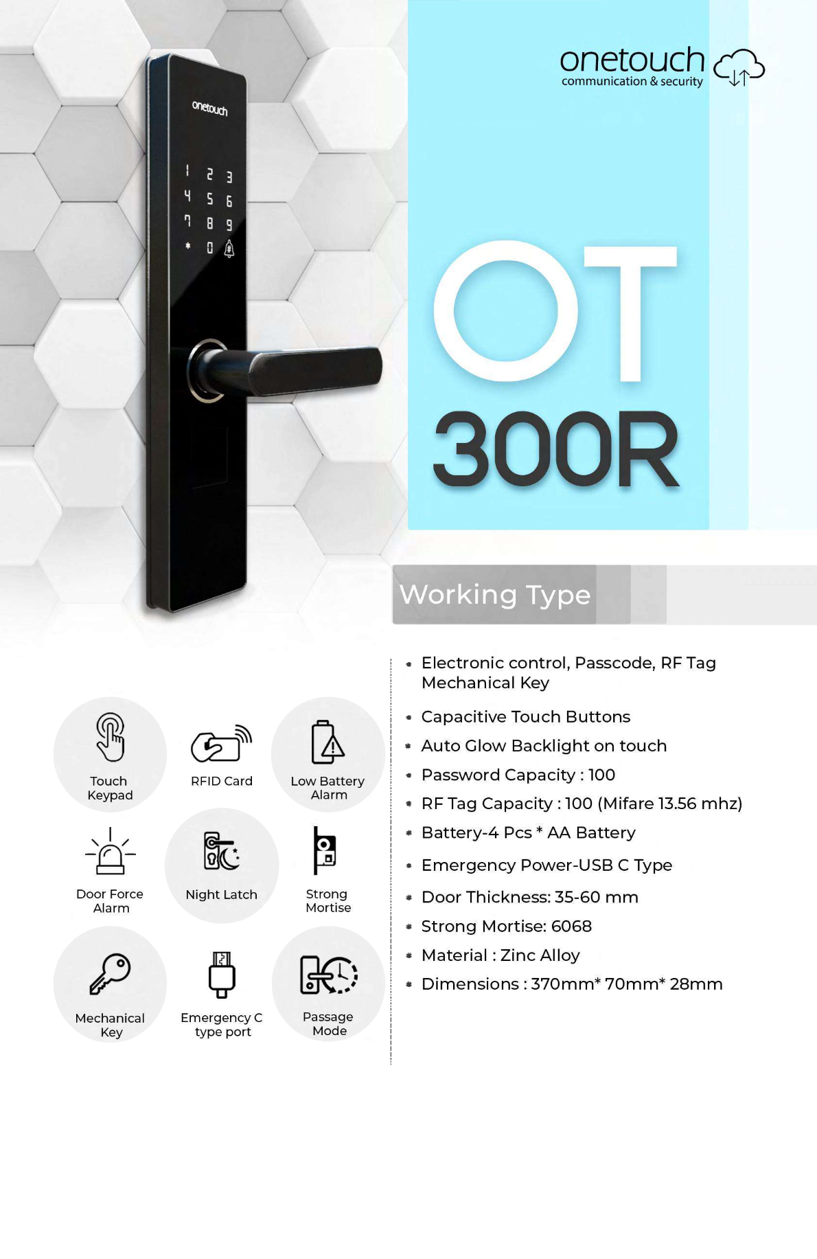 Onetouch Digital Door Lock OT-300R (standalone, card, key, password, low battery alarm) 