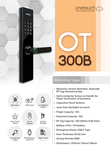 Onetouch Digital Door Lock OT-300B (standalone, biometric, card, key, password, low battery alarm)