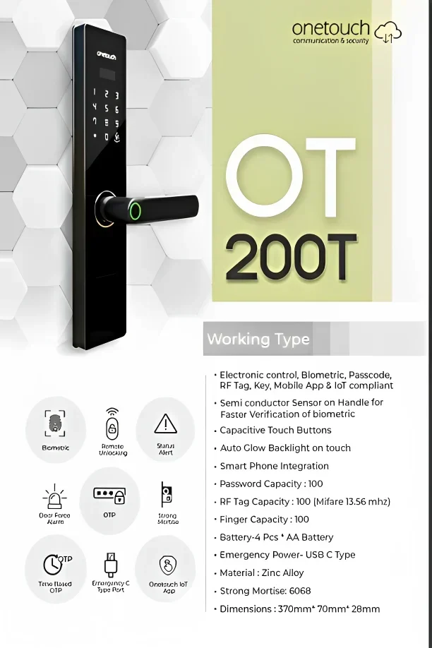 Onetouch Digital Door Lock OT-200T (standalone with mobile APP, biometric, card, key, password, mobile APP remote unlocking, dynamic password)