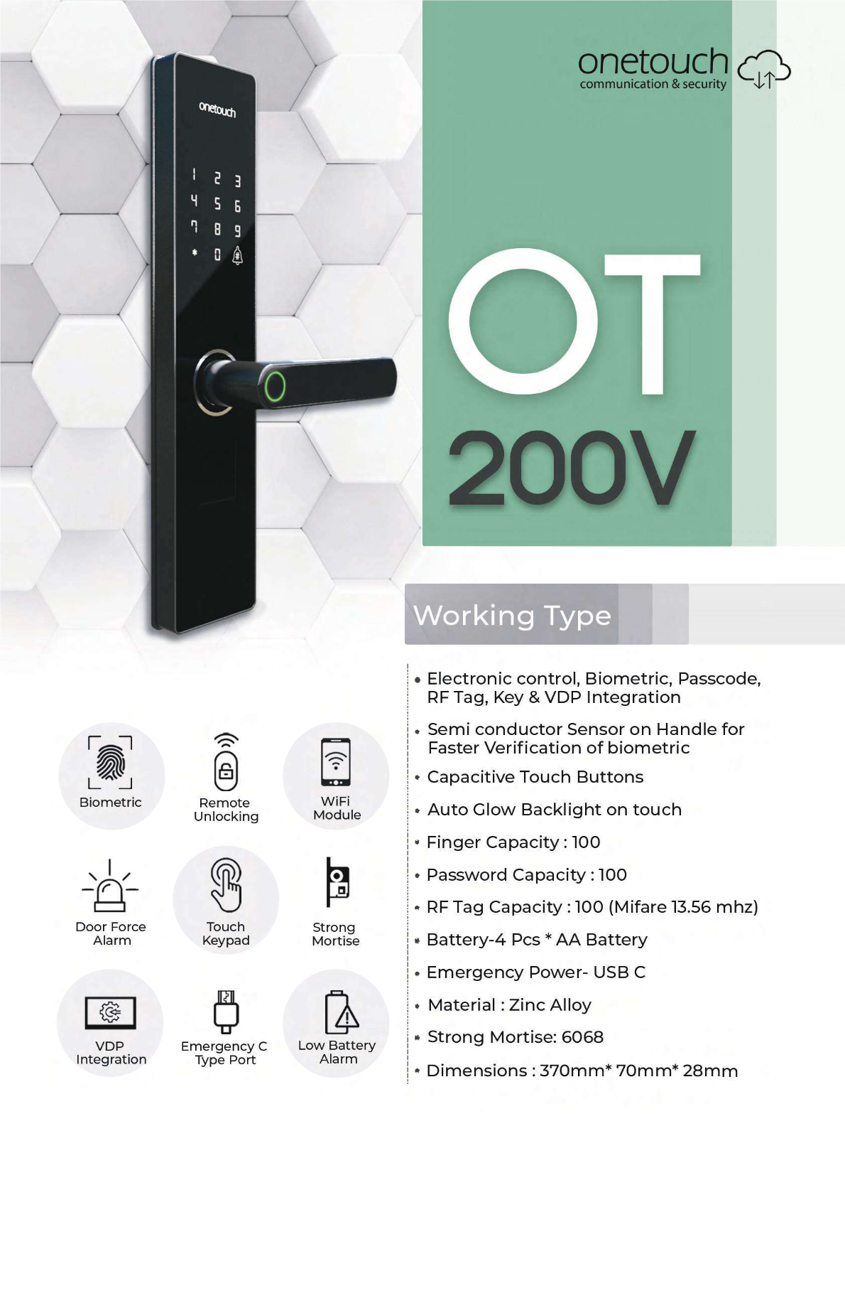 Onetouch Digital Door Lock OT-200V (integration with VDP & mobile APP, biometric, card, key, password, mobile APP remote unlocking)