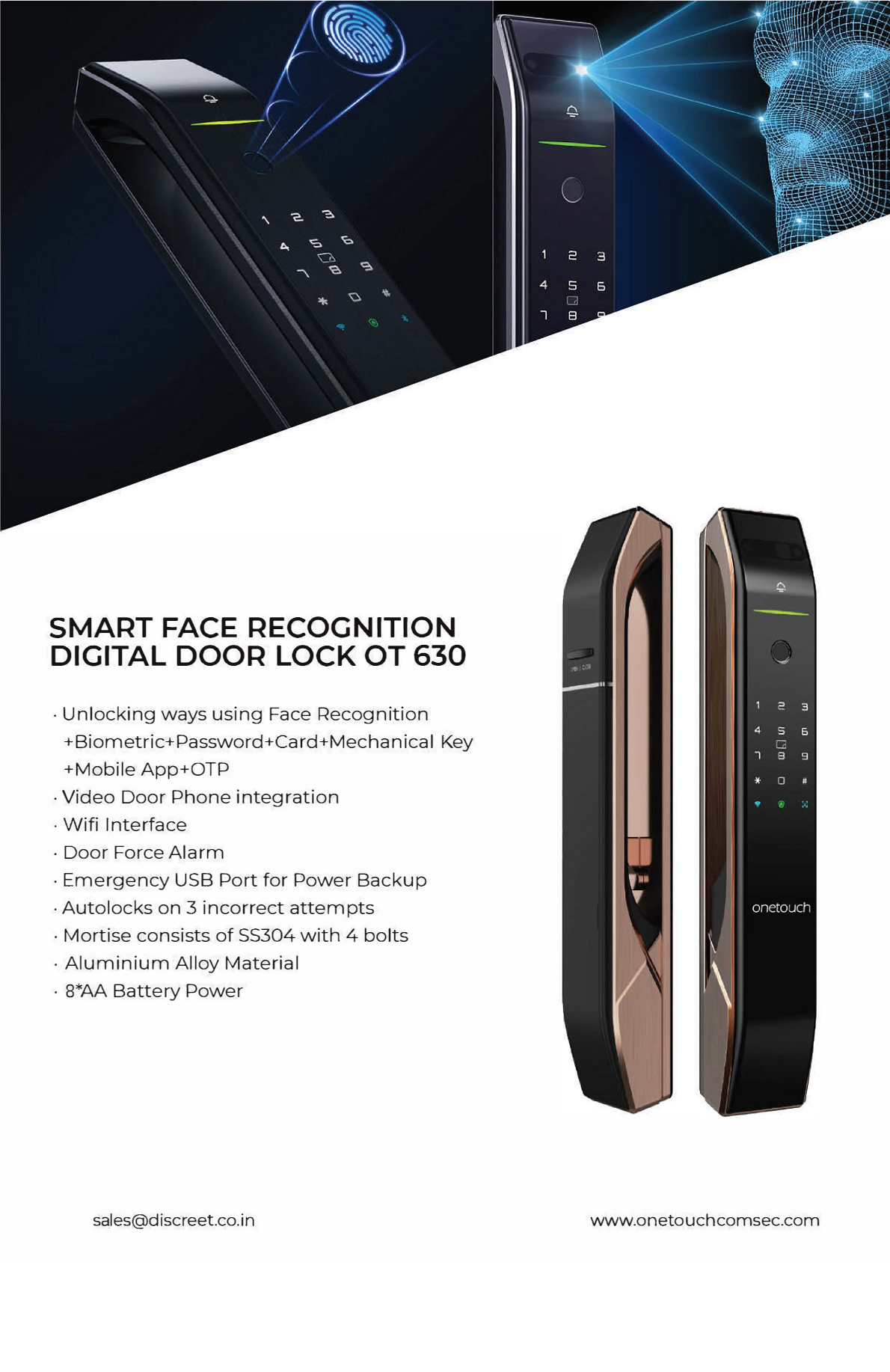 Onetouch digital door lock OT630 ( integration with VDP & mobile APP ), Face Recognition, biometric, card, key, mobile APP unlocking, password. 2 Color option Bronze