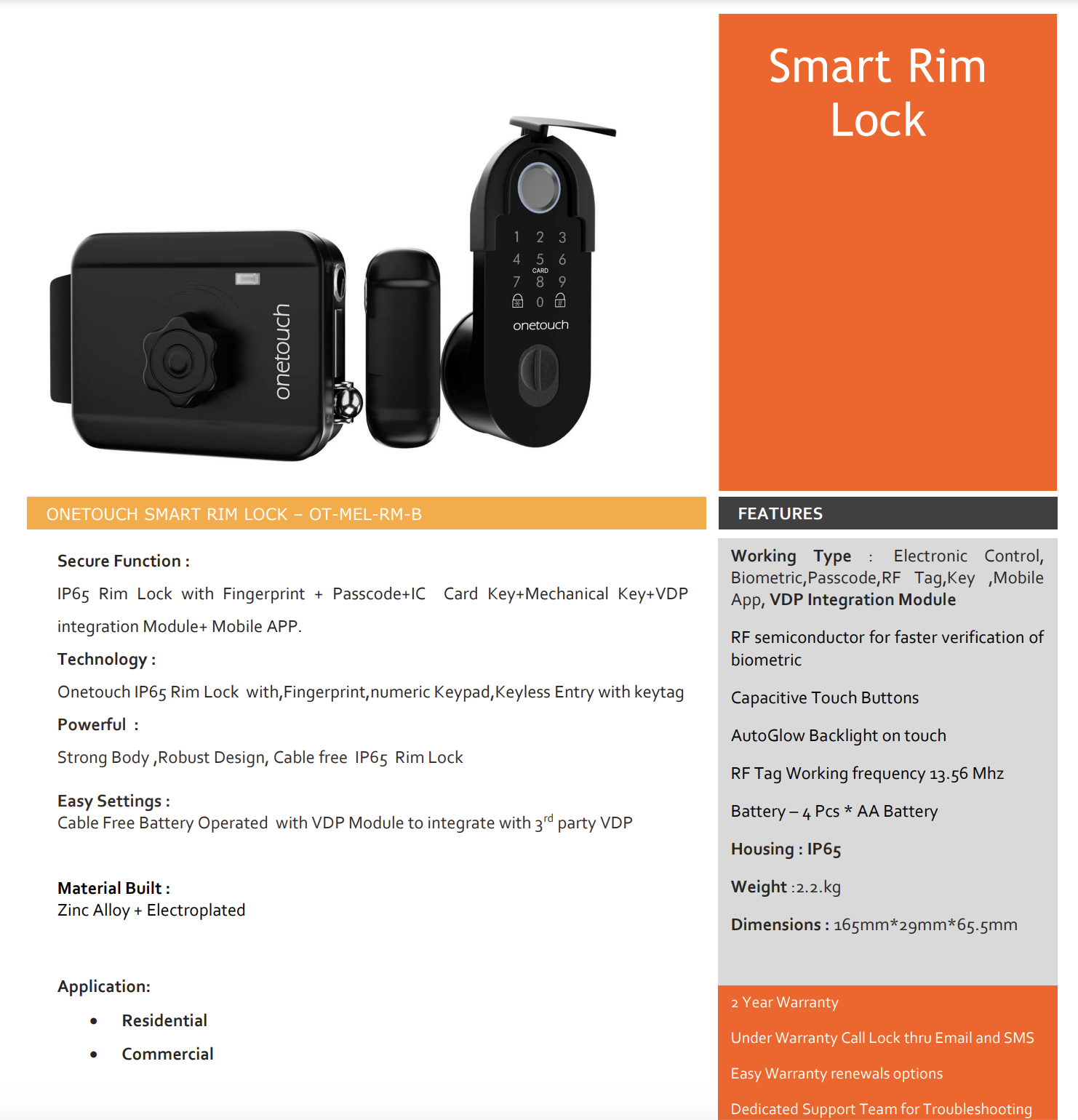 ONETOUCH SMART RIM LOCK – OT-MEL-RM-B