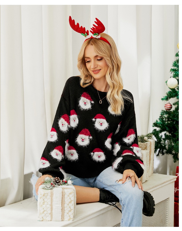 Casual Long Sleeve Round Neck Women Christmas Sweater with Santa Face 