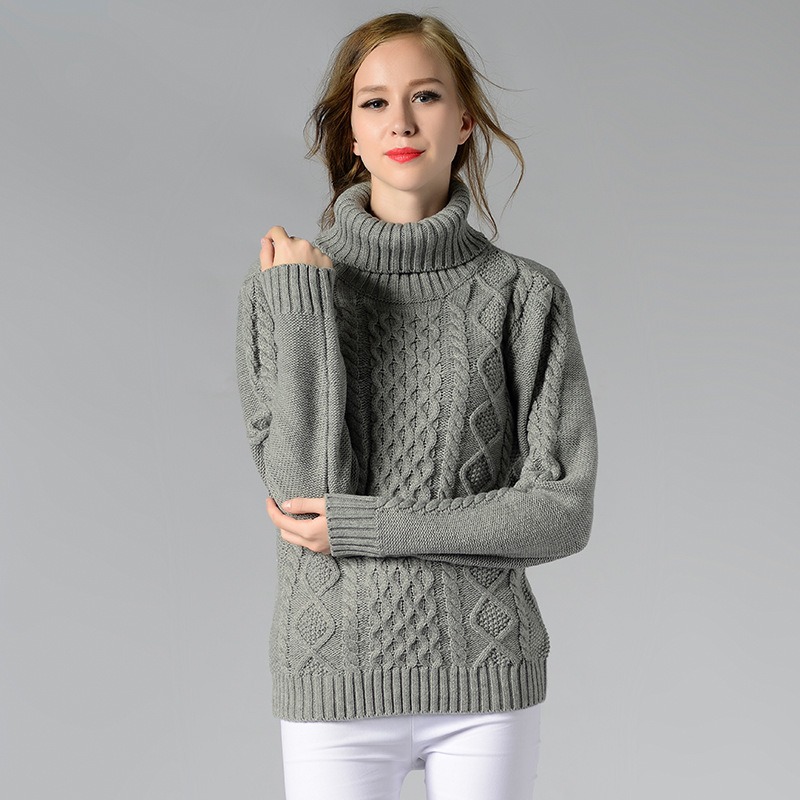 Casual Long Sleeve Turtleneck Twisted Cable Women Pullover Sweater  