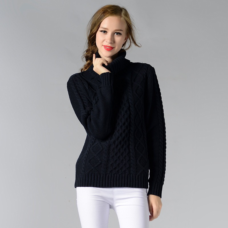 Casual Long Sleeve Turtleneck Twisted Cable Women Pullover Sweater  