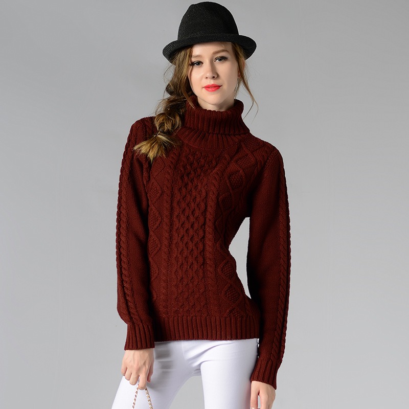 Casual Long Sleeve Turtleneck Twisted Cable Women Pullover Sweater  