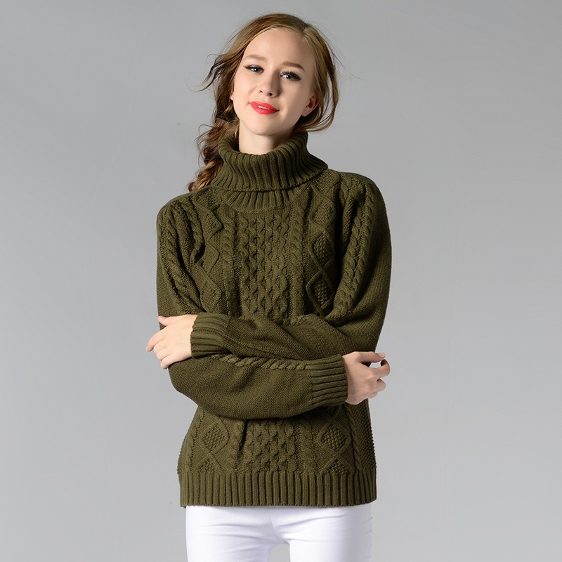 Casual Long Sleeve Turtleneck Twisted Cable Women Pullover Sweater  