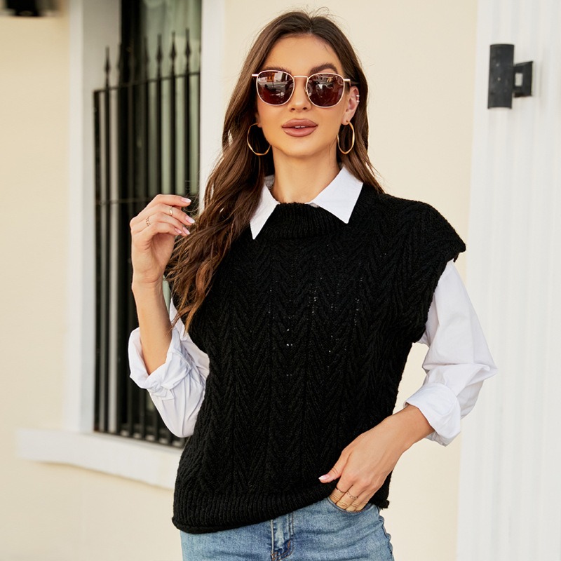 Casual Sleeveless O Neck Cable Knitted Sweater Vest