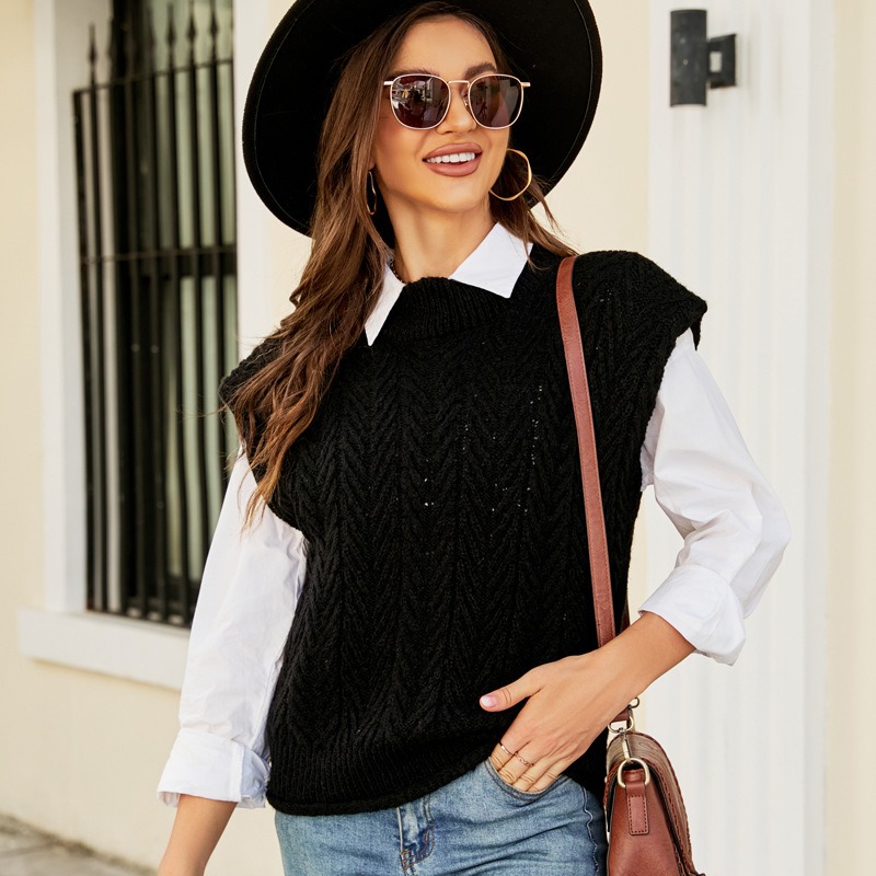 Casual Sleeveless O Neck Cable Knitted Sweater Vest