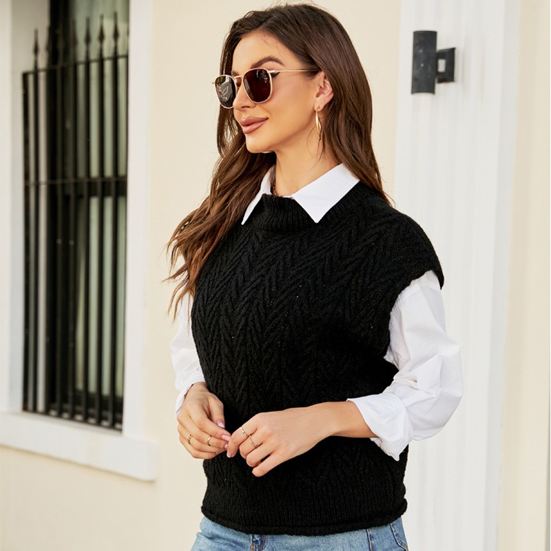 Casual Sleeveless O Neck Cable Knitted Sweater Vest