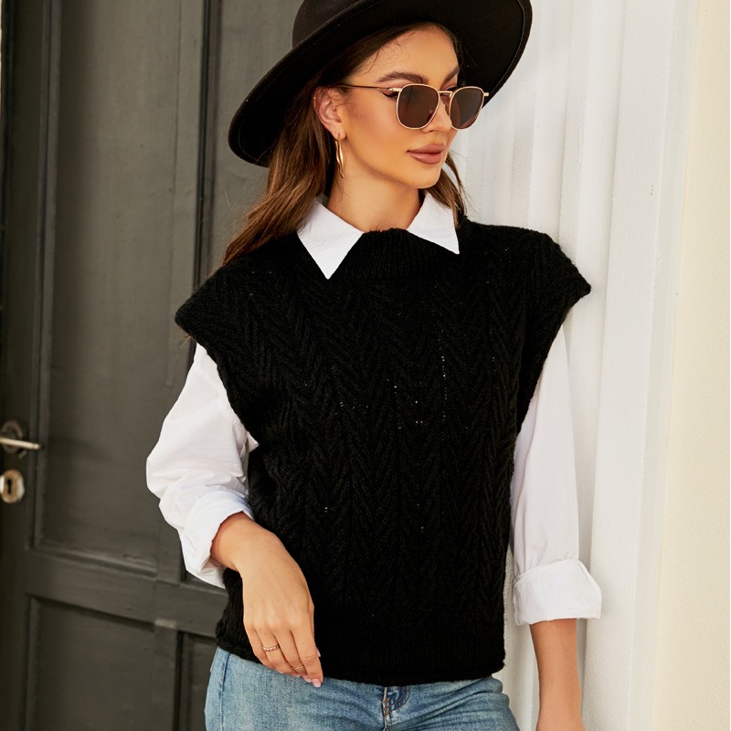 Casual Sleeveless O Neck Cable Knitted Sweater Vest