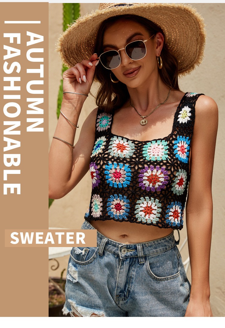 Amazon Ethnic Style Hand Crocheted Short Contrast Flower Hollow Vest