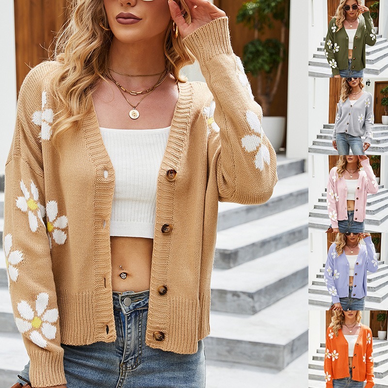 Loose Casual College Style Knitted Cardigan Sweater with Flower Pattern
