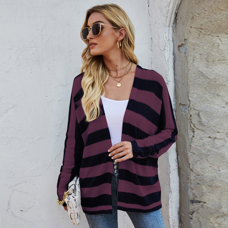 Casual Black White Striped Bat Sleeve Knitted Cardigan Sweater