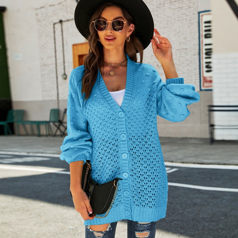 Middle-Long Knitted Hollow V Neck Cardigan Sweater