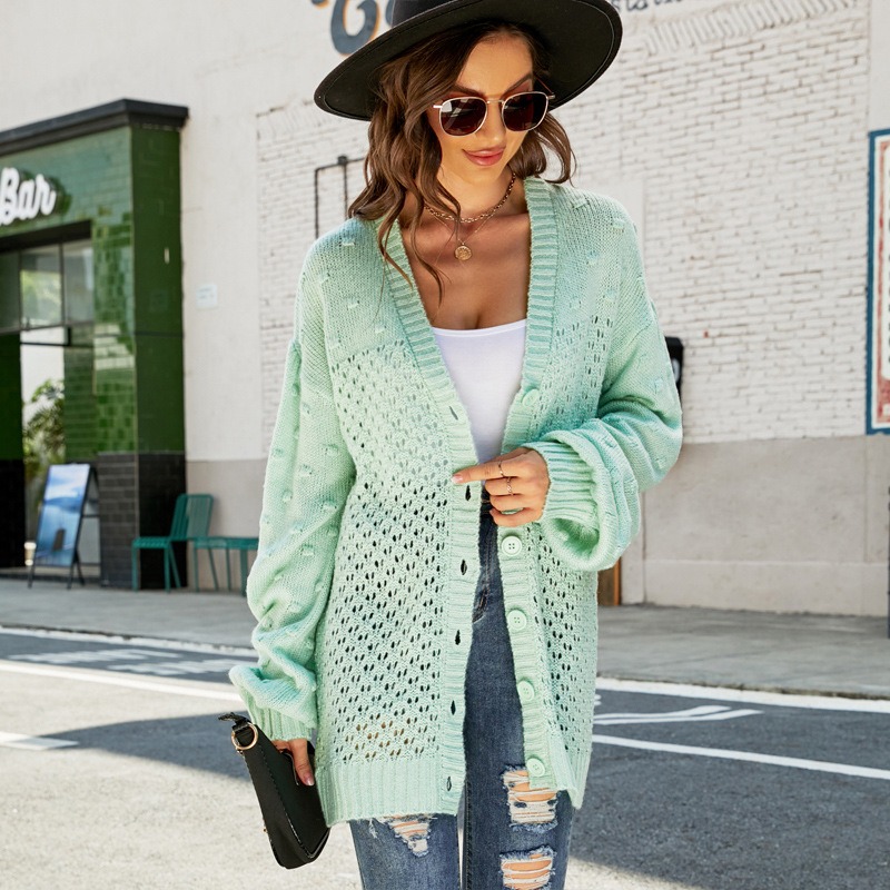 Middle-Long Knitted Hollow V Neck Cardigan Sweater