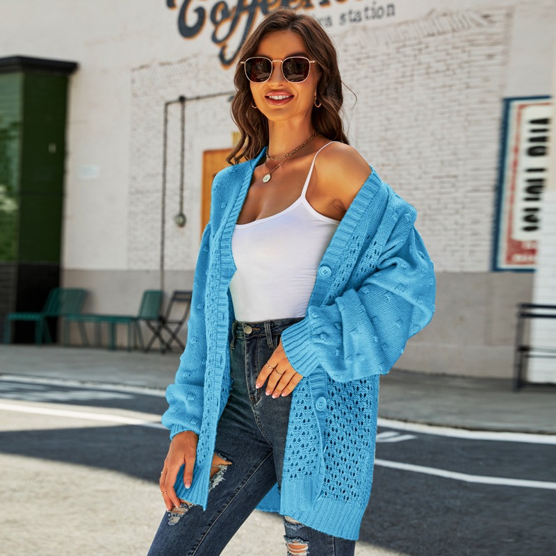 Middle-Long Knitted Hollow V Neck Cardigan Sweater