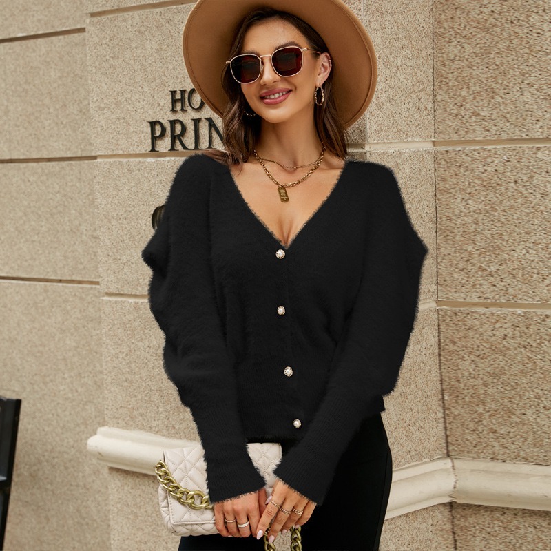 Solid Color Loose V-Neck Puff Sleeve Knitted Cardigan Sweater