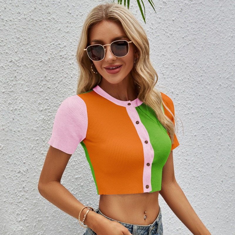 New short-sleeved knitted macaron color ultra-short sexy navel-baring contrast color knitted sweater