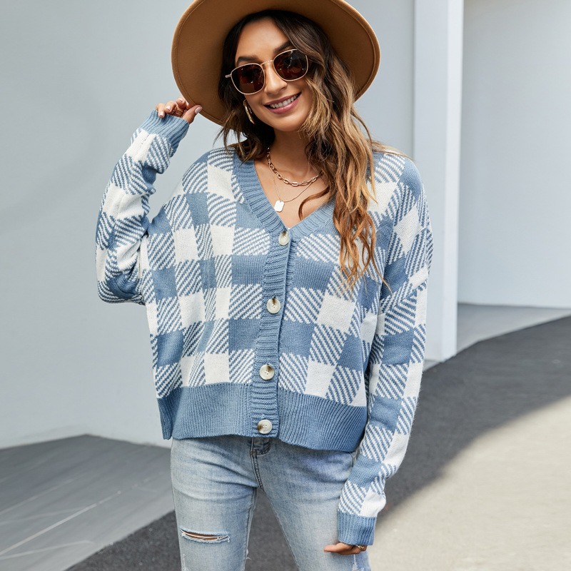Women's autumn and winter new V-neck loose casual plaid long-sleeved knitted cardigan