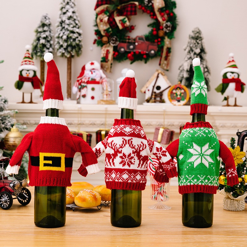 Custom Kntted Wine Bottle Cap and Pullover Sweater Decor