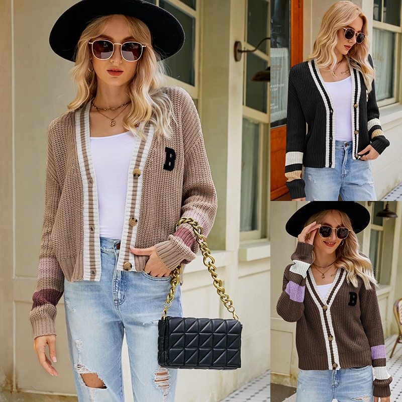 2024 hot style V-neck loose coat for women, college style knitted sweater for women