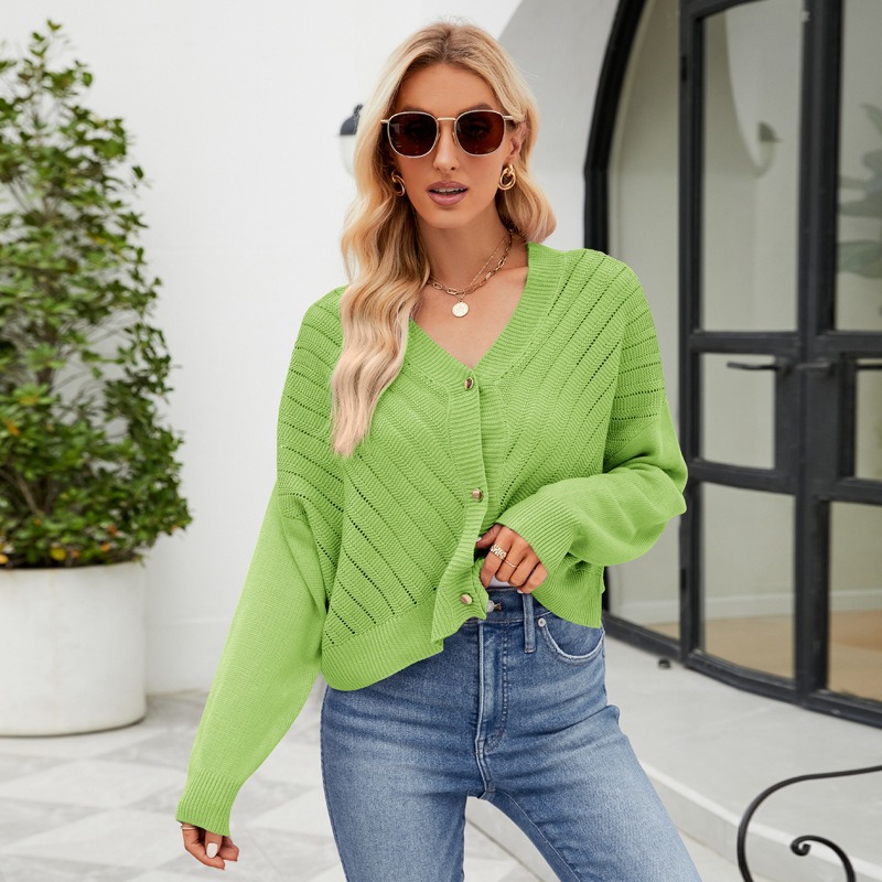2024 hot style V-neck hollow outer wear loose solid color long-sleeved knitted top