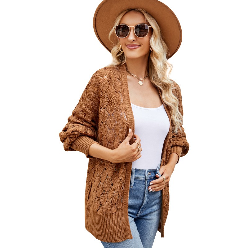 Custom V-neck hollow long-sleeved knitted loose knitted cardigan