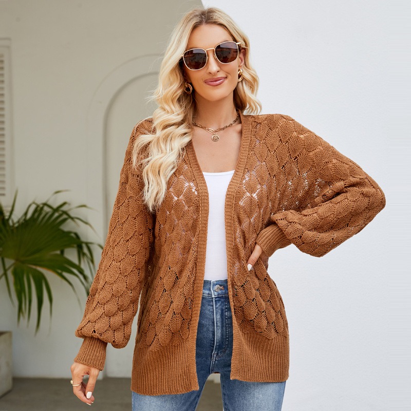 Custom V-neck hollow long-sleeved knitted loose knitted cardigan