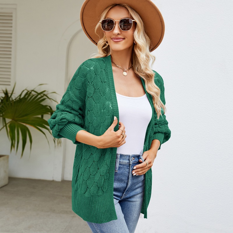 Custom V-neck hollow long-sleeved knitted loose knitted cardigan