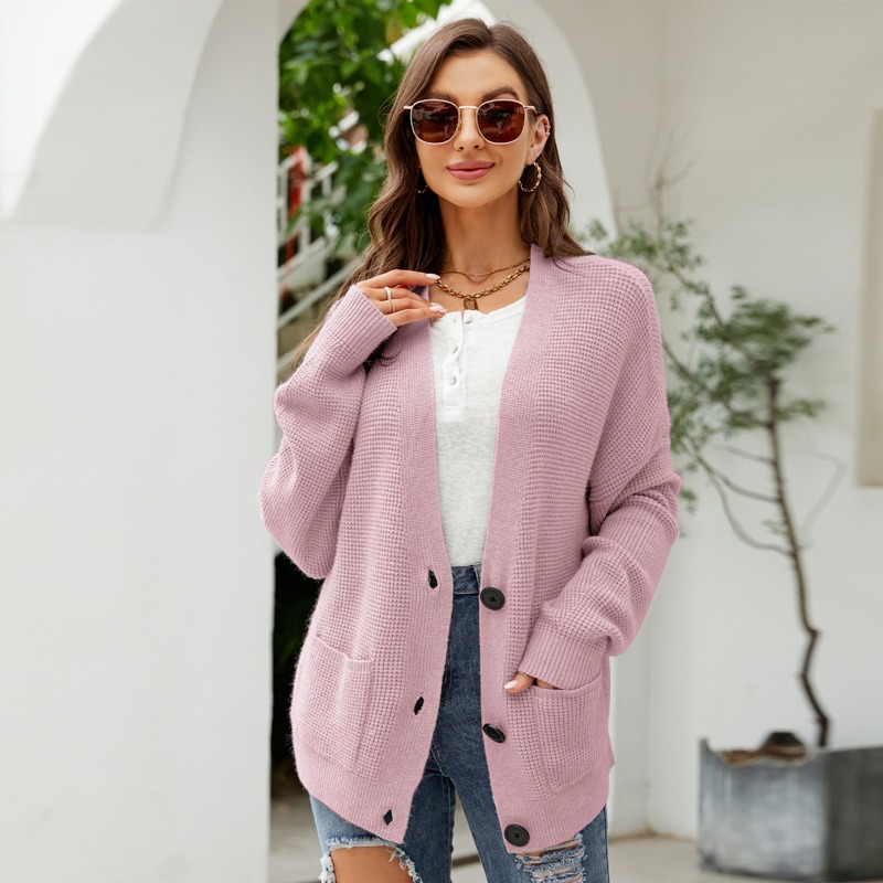 2024 autumn and winter new V-neck loose solid color knitted cardigan outerwear