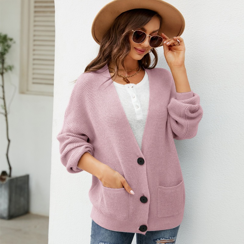 2024 autumn and winter new V-neck loose solid color knitted cardigan outerwear